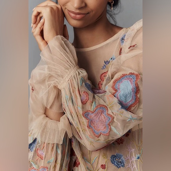 New Anthropologie The Layla Long-Sleeve Appliqué Mesh Blouse Size S - Picture 3 of 8